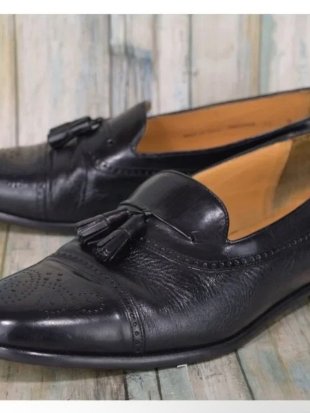 MEZLAN Havana Tassel Loafers Sz 12 Black Captoe Brogue Dress Shoes Deerksin Calf